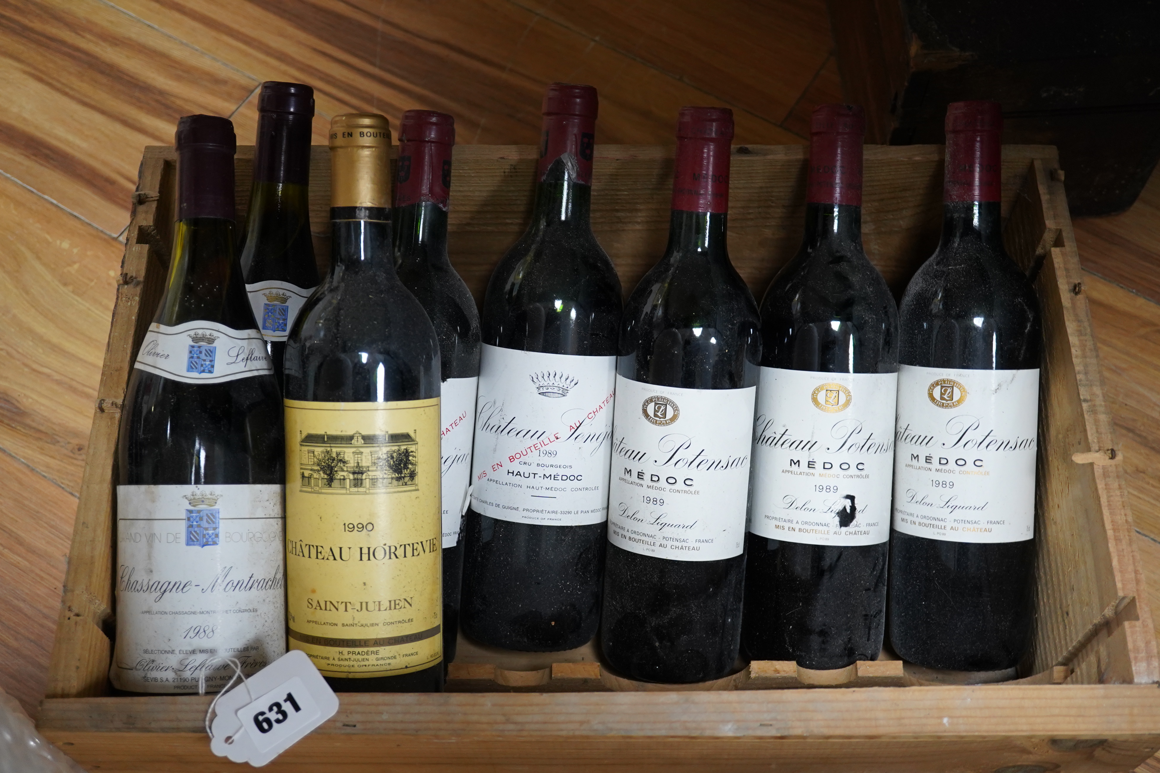 Eight assorted bottles of wine, including five bottles of Medoc, a 1990 bottle of Chateau Hortevie, Saint - Julien, etc. Condition - storage unknown